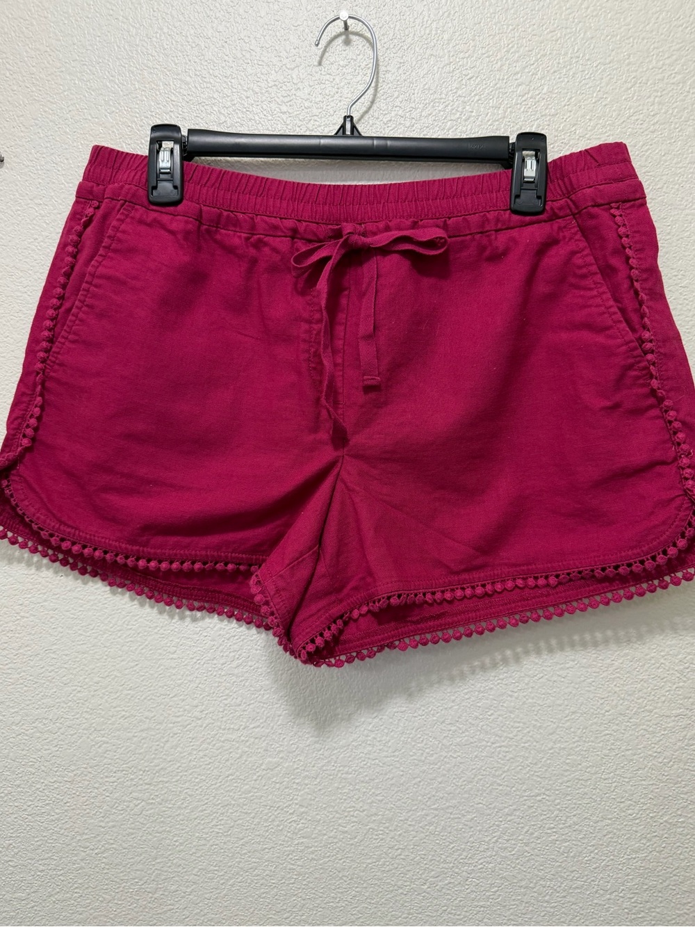 Loft dark pink running shorts, drawstring waist, pom pom trim